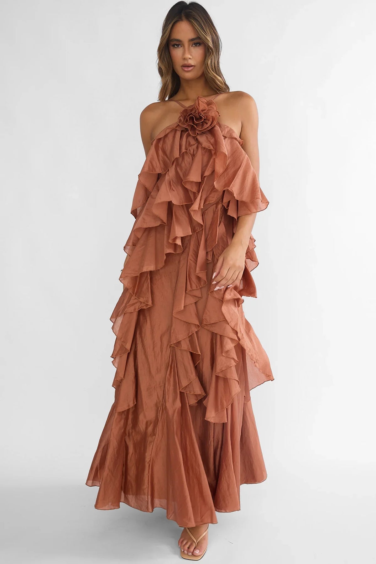 Secret Rendezvous Layered Ruffle Maxi Dress Rust