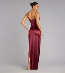 Jane Cowl Neck Slit Satin Formal Column Dress