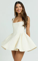 Kailee Mini Dress - Wide Strap Square Neck Fit And Flare Tulip Dress in Cream
