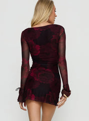 Dalzine Long Sleeve Mini Dress Burgundy Floral