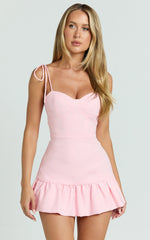 Morgana Playsuit - Tie Shoulder Ruffle Hem Playsuit in Peach