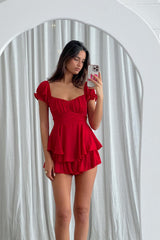 Linka Off-Shoulder Tie Back Romper Red