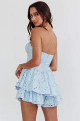 Paris Muse Gathered Bust Embroidered Romper Blue