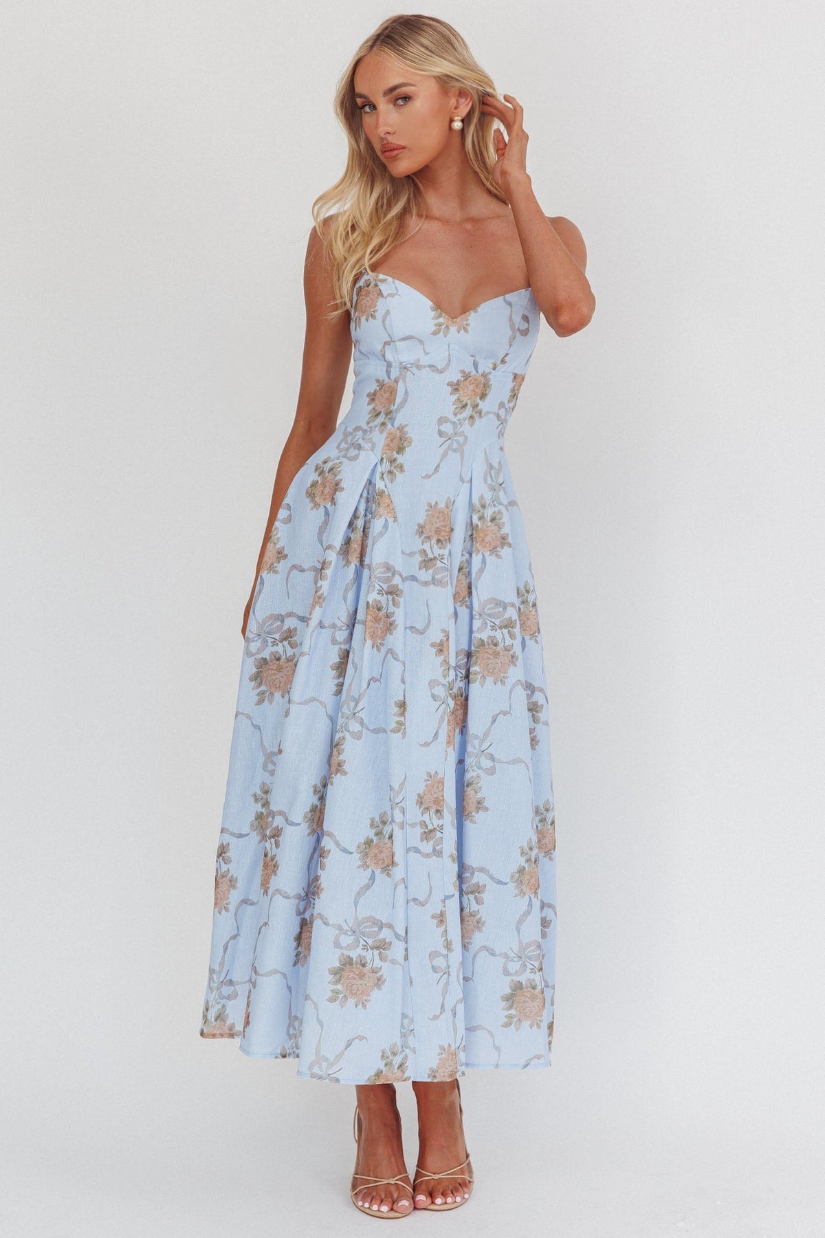 Get My Attention Pleat Waist Maxi Dress Bow Blue