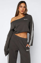 Star Student Cropped Off Shoulder Sweater Charcoal