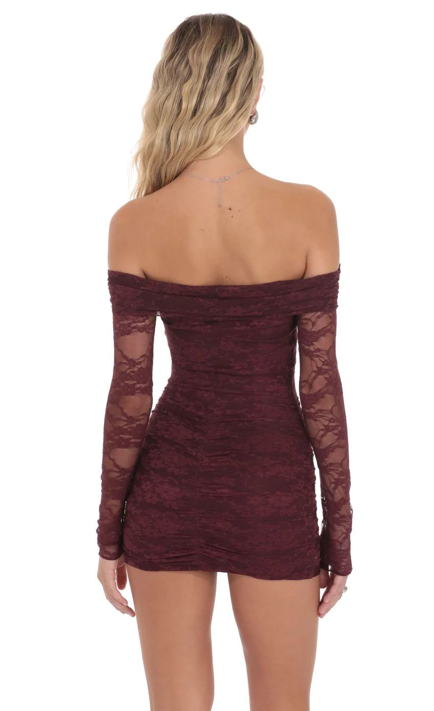 Off Shoulder Long Sleeve Lace Dress in Burgundy