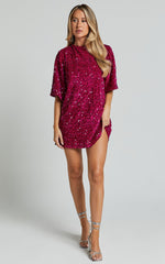Valetta Mini Dress - Sequin low back shift dress in Hot Pink