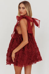 Lisette Tied Shoulder Embellished Mini Dress Wine