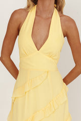 Flirt Frill Trim Halter Maxi Dress Lemon