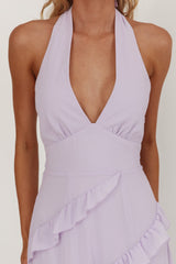 Flirt Frill Trim Halter Maxi Dress Lilac