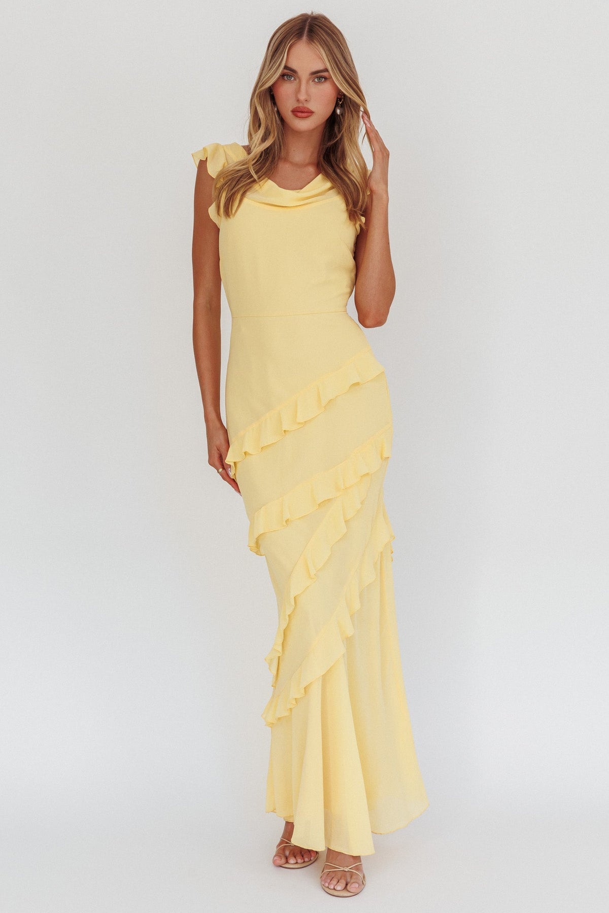 Sangria Cowl Neck Frill Maxi Dress Lemon