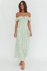 Scarlet Off-Shoulder Ruffle Trim Maxi Dress Sage