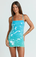 Savanna Mini Dress - Strappy Ombre Sequin Shift Dress in Aqua