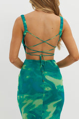 Dream Crush Lace-Up Back Side Split Maxi Dress Swirl Green