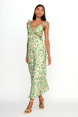 Second Chances Ruffle Trim Maxi Dress Flowers Green
