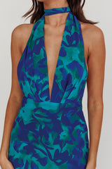 Italia Azure Halterneck Maxi Dress Abstract Blue