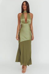 Italia Azure Halterneck Sheer Hem Maxi Dress Olive
