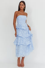 Giavana Strapless Layered Midi Dress Floral Embossed Blue