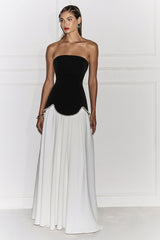 Wendy | Black And White Maxi Dress With Drop-Waist And Pearl Embellishment