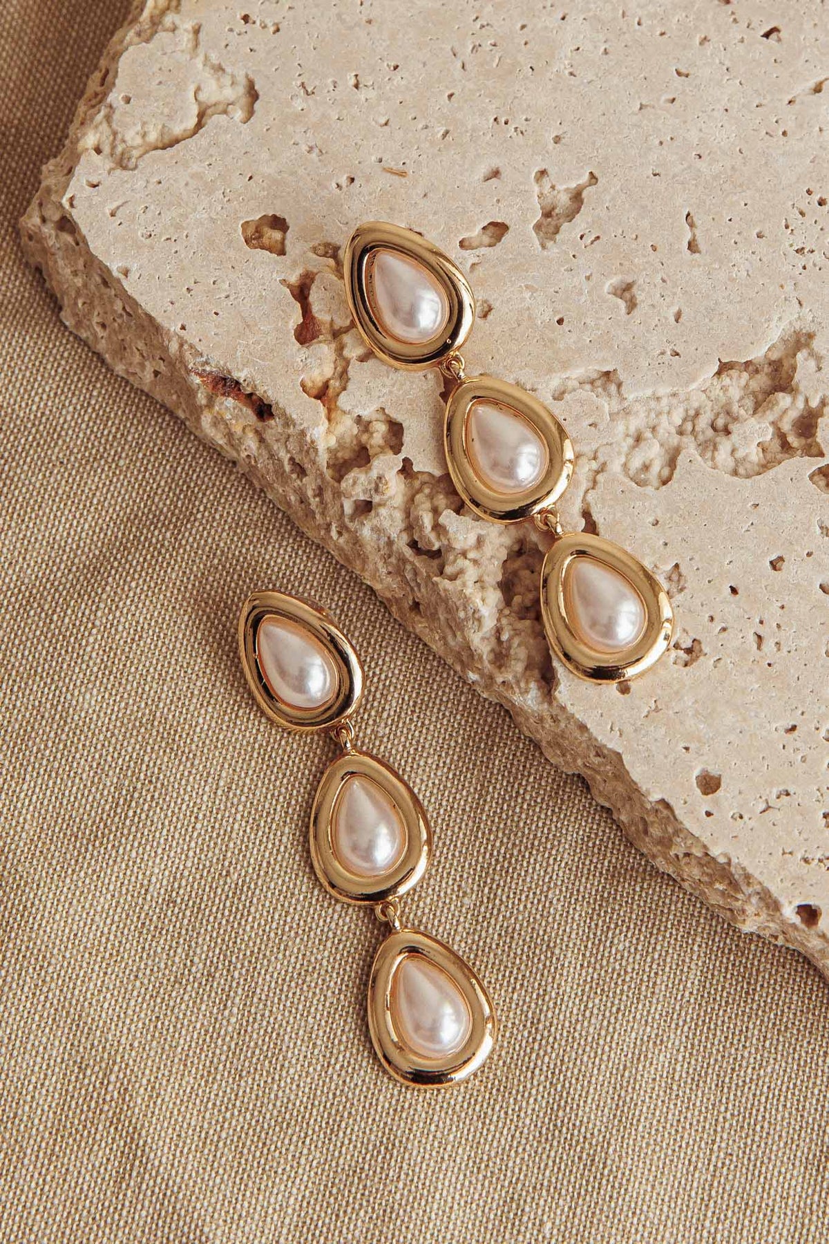 Marion Triple Droplet Earrings Gold Pearl