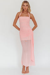 Rebekkah Halterneck Side Sash Maxi Dress Pink