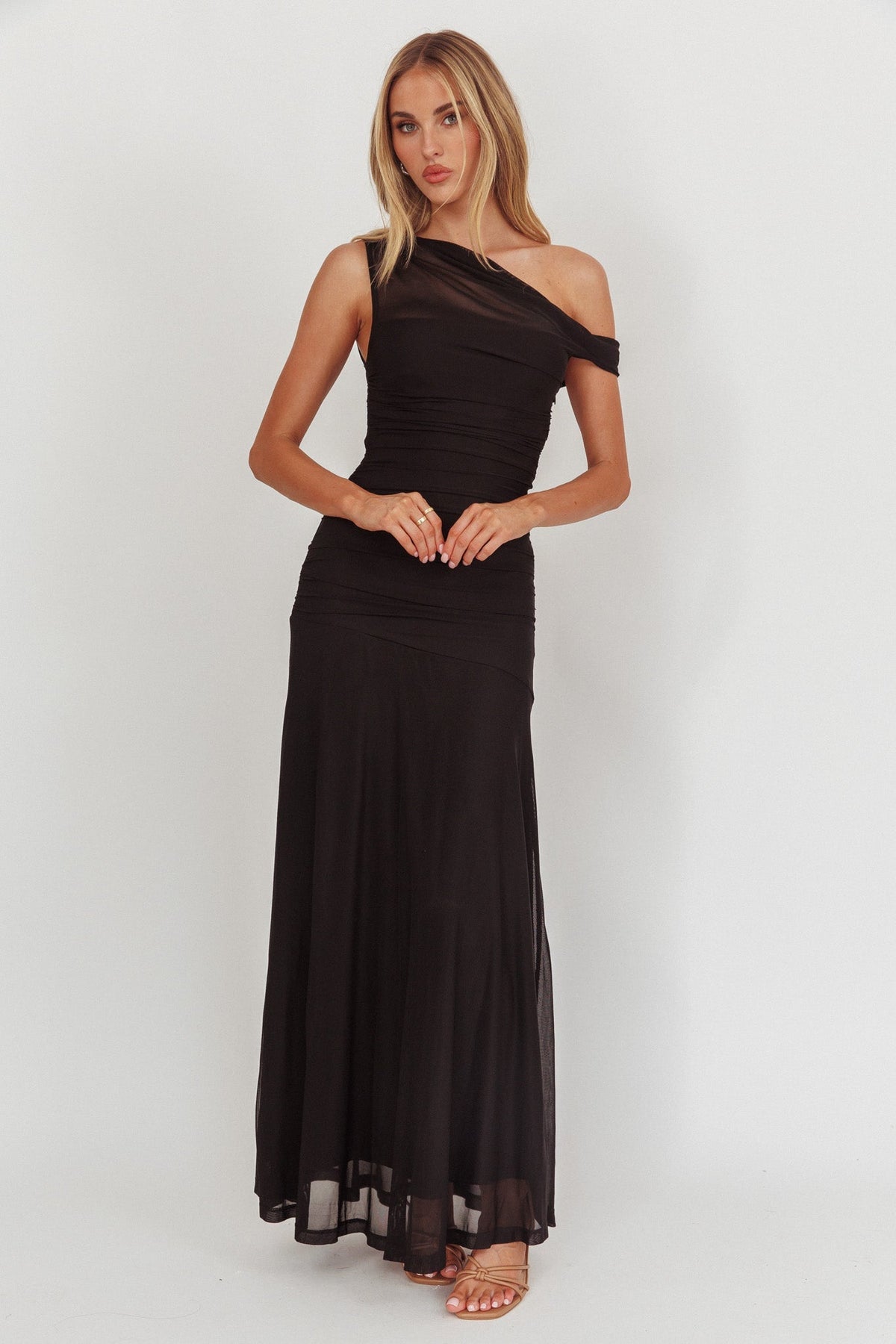 Lylah Asymmetric Neckline Mesh Maxi Dress Black