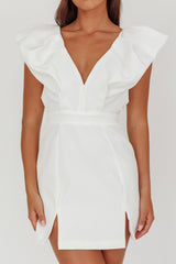 Liardon Bubble Sleeve V-Neckline Mini Dress White