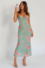 Fortune Lace Trim Mesh Midi Dress Green