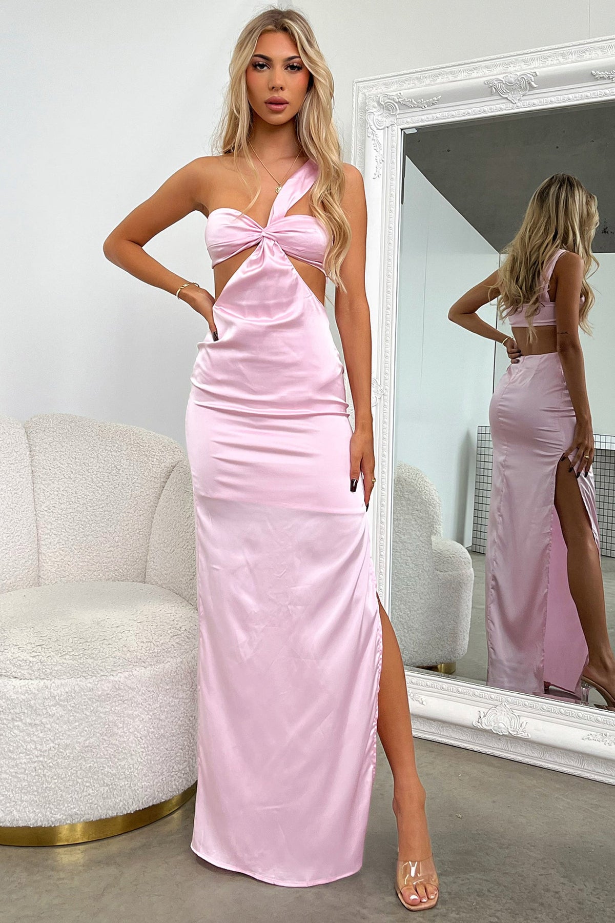 Alexia One Shoulder Satin Maxi Dress - Pink