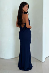 Amedeo Plunge Halter Neck Maxi Dress - Navy