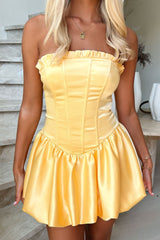 Beauty Strapless Satin Dress - Yellow