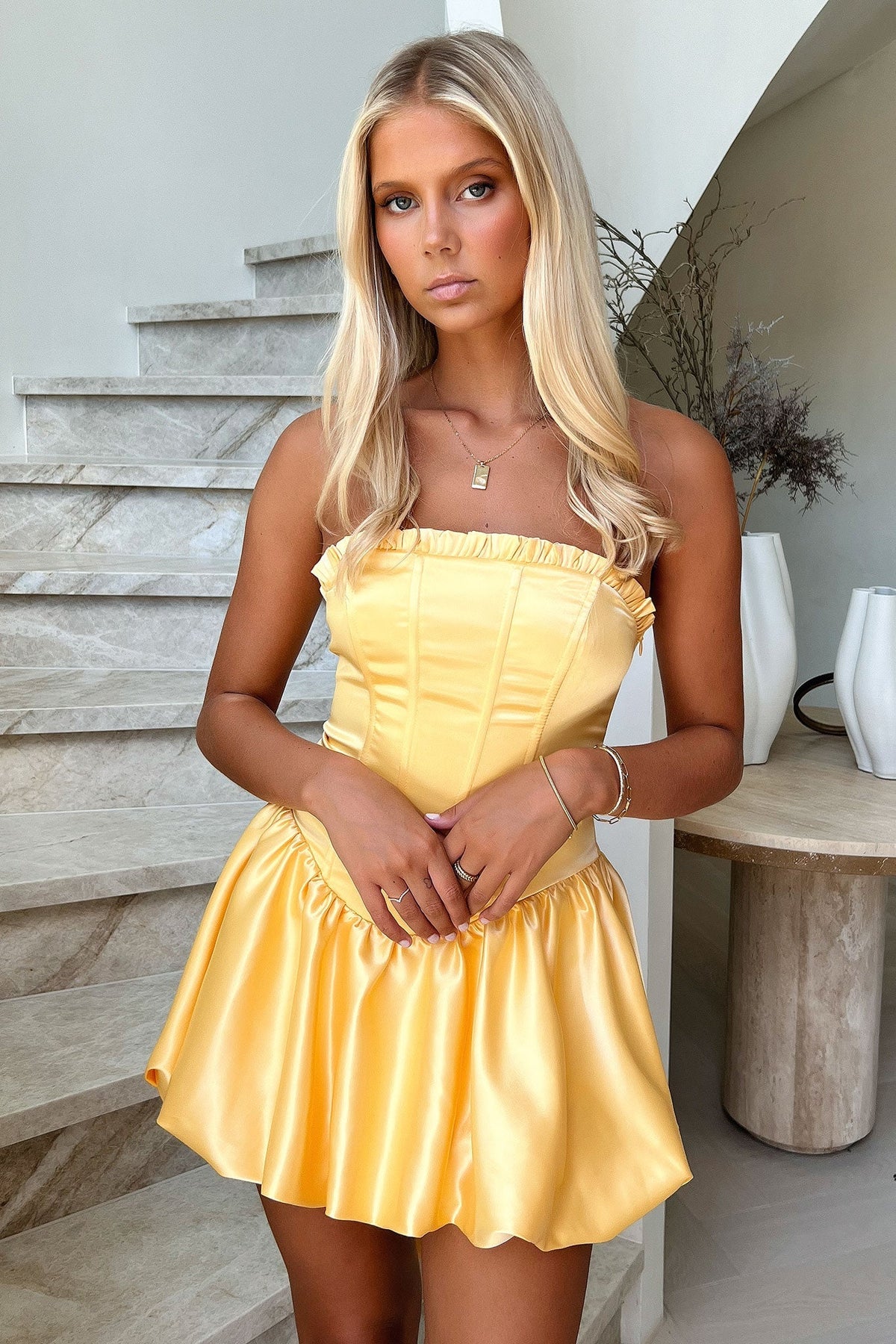 Beauty Strapless Satin Dress - Yellow