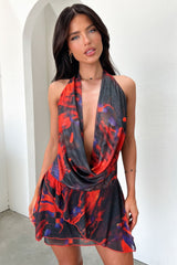 Cleo Plunge Cowl Neck Mini Dress - Black/Red