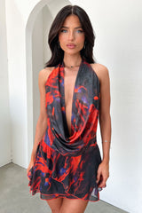 Cleo Plunge Cowl Neck Mini Dress - Black/Red
