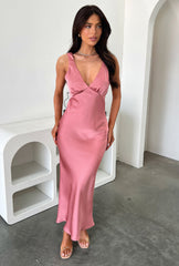 Delayne V-Neck Satin Midi Dress - Rose