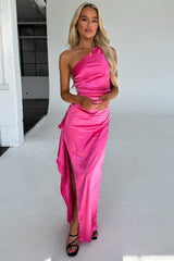 Elianna One Shoulder Satin Maxi Dress - Hot Pink