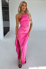 Elianna One Shoulder Satin Maxi Dress - Hot Pink