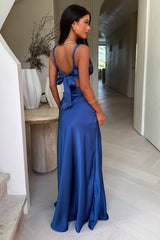 Emeline V-Neck Satin Maxi Dress - Blue