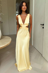 Emeline V-Neck Satin Maxi Dress - Yellow