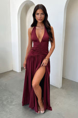 Ginevra Ruched Halter Maxi Dress - Burgundy