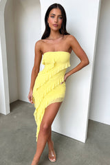 Jadore Strapless Ruffle Midi Dress - Yellow
