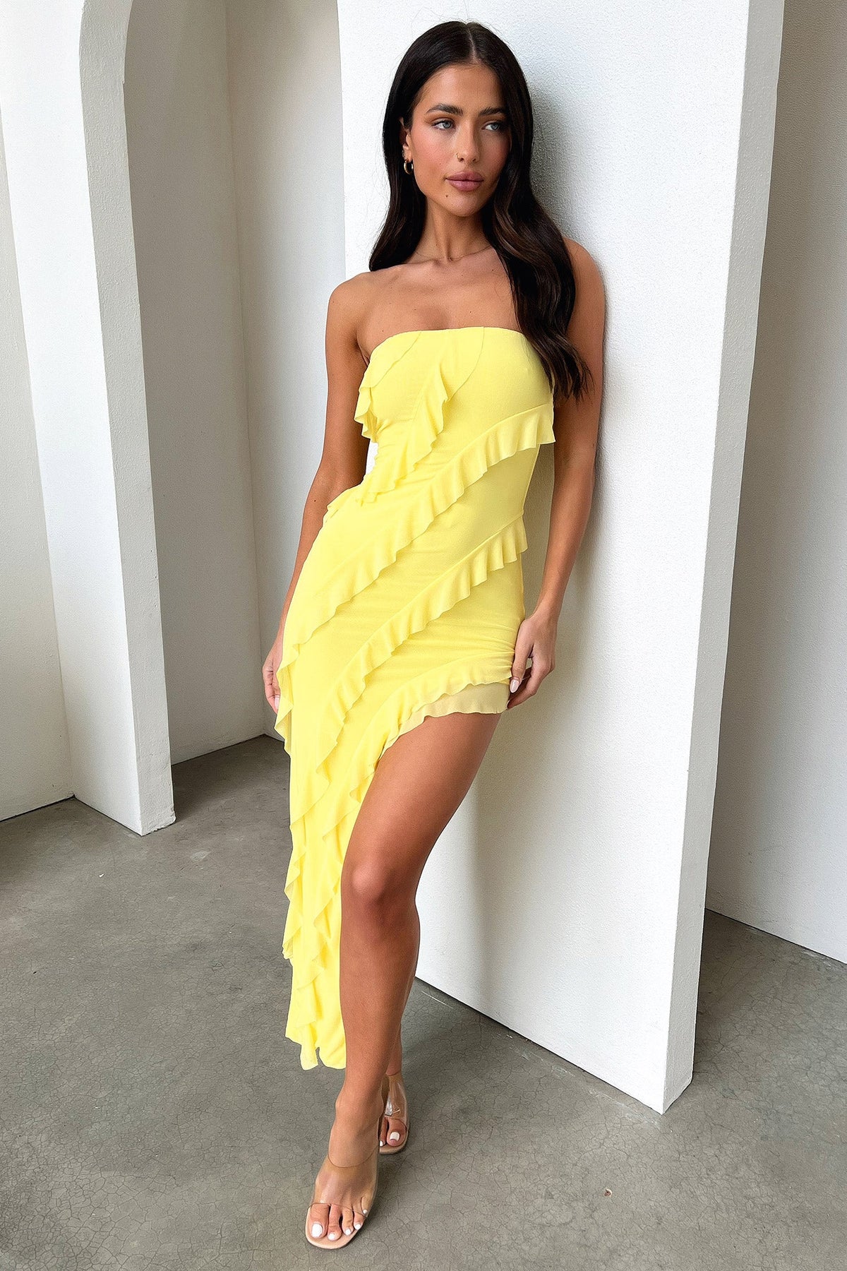 Jadore Strapless Ruffle Midi Dress - Yellow