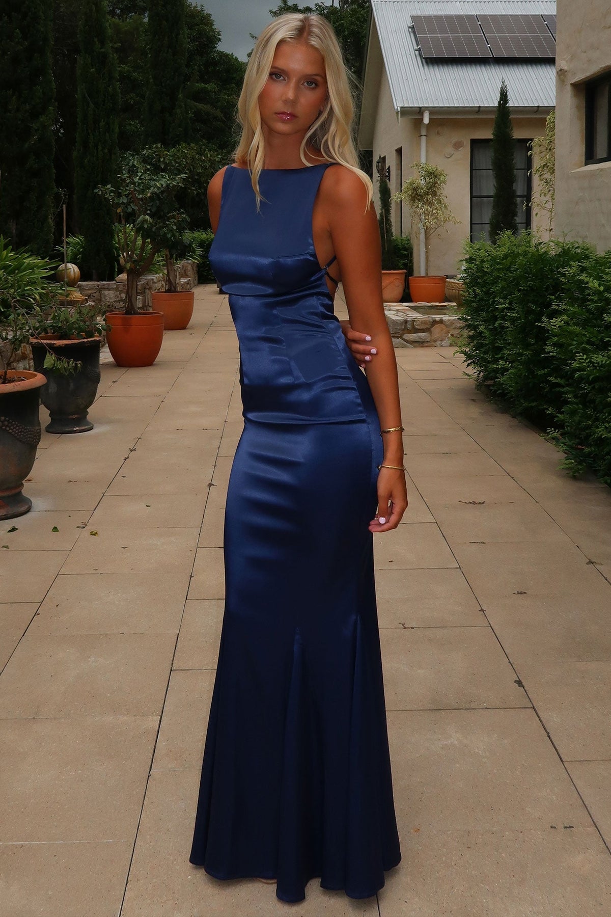 Margot High-Neck Satin Maxi Dress - Navy