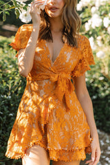 Cami Angel Sleeve Faux Wrap Dress Orange Sunset